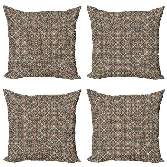 Ambesonne East Throw Pillow Cover 4 Pack, Flora Themed Squares, 20", Dark Blue Burgundy