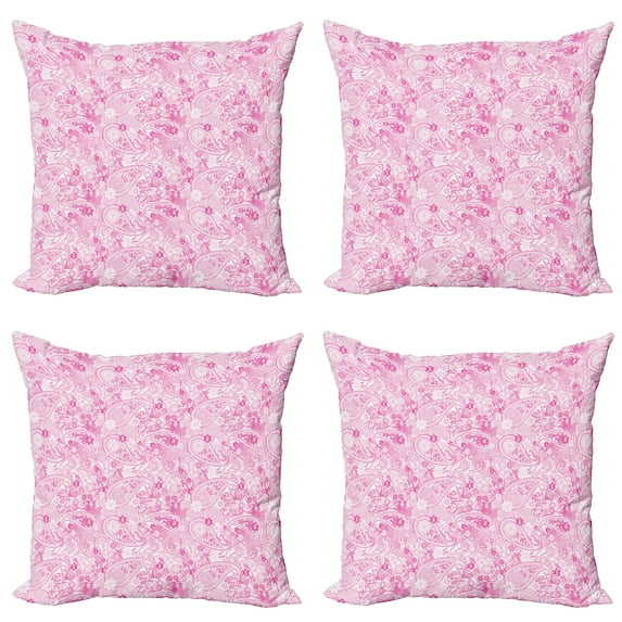 Ambesonne East Throw Pillow Cover 4 Pack, Paisley Leaves, 24", Pink and White