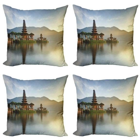 Ambesonne East Throw Pillow Cover 4 Pack, Pura Ulun Danu Building Asia, 16", Beige Brown