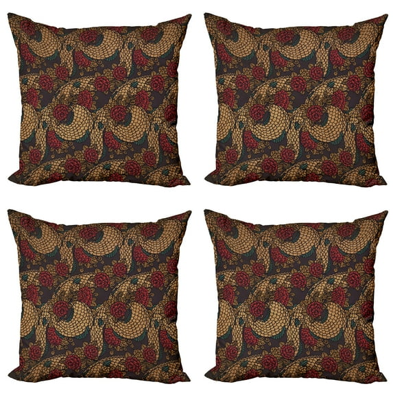 Ambesonne East Throw Pillow Cover 4 Pack, Traditional Roses Dragon, 18", Jade Green Sand Brown