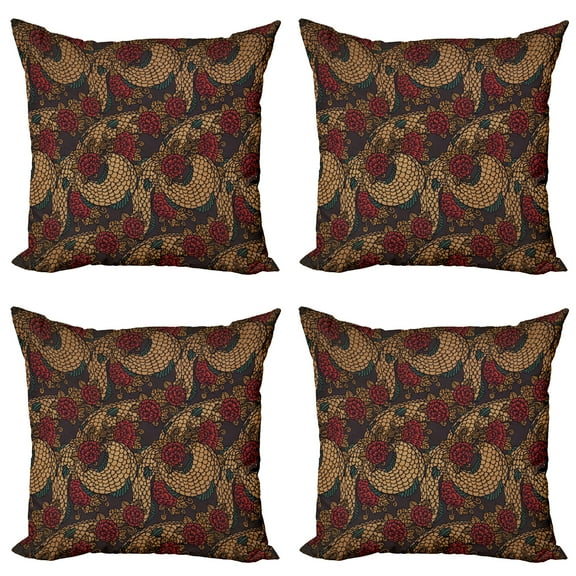 Ambesonne East Throw Pillow Cover 4 Pack, Traditional Roses Dragon, 18", Jade Green Sand Brown
