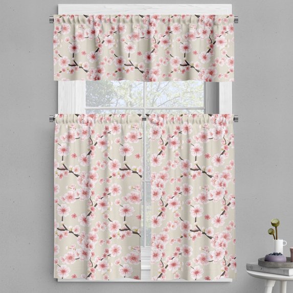 Ambesonne East Valance & Curtain, Flowering Cherry Blooms, 55"x30", Beige Rose