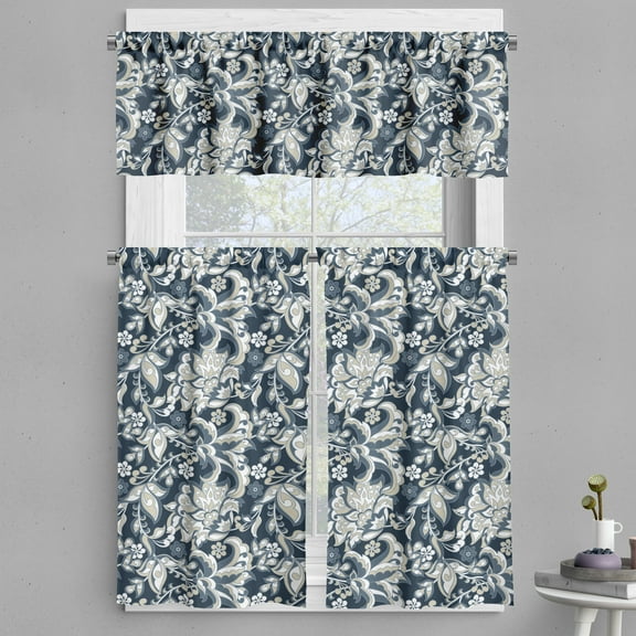 Ambesonne East Valance & Curtain, Oriental Eastern Flowers, 55"x36", Dark Blue Grey and Beige