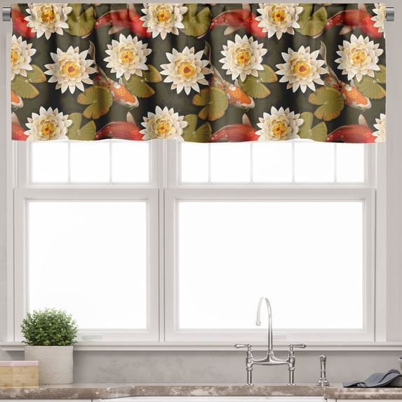 Ambesonne East Valance Pack of 2, Japan Inspired Lotus Koi, 54"X12", Burnt Sienna Orange