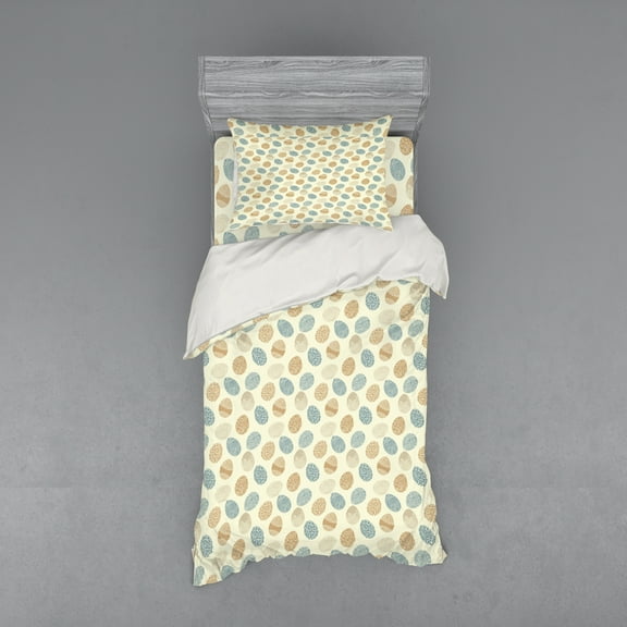Ambesonne Easter Bedding Set 3 Pcs, Boho Inspired Egg Motifs, Twin XL, Pale Yellow Slate Blue