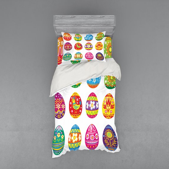 Ambesonne Easter Bedding Set 3 Pcs, Colorful Eggs Flowers, Twin XL, Multicolor
