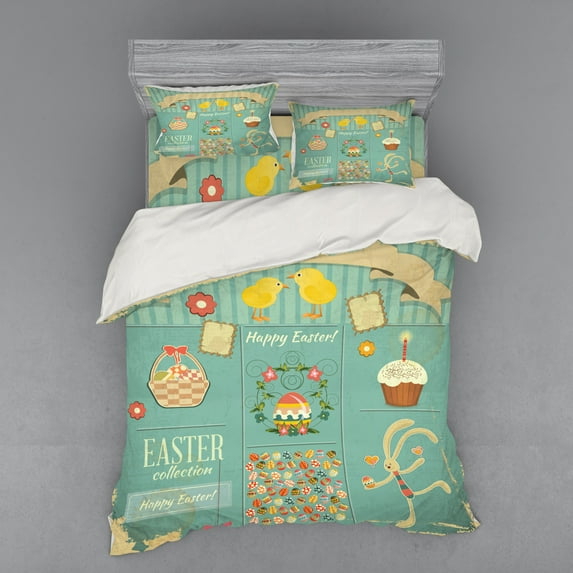 Ambesonne Easter Bedding Set 4 Pcs, Eggs Cupcake and Basket, Queen, Multicolor