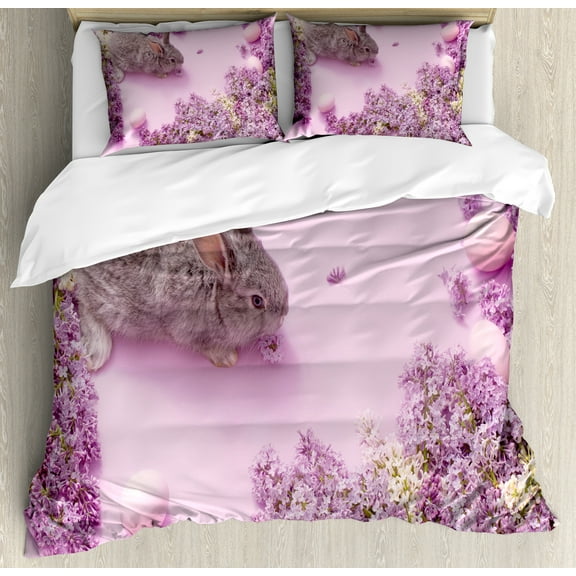 Ambesonne Easter Bunny Duvet Cover Set, Rabbit Lilac Blossom, King, Lilac Multicolor