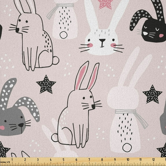 Ambesonne Easter Bunny Fabric by the Yard Microfiber, Bunnies Doodle, 2 Yards, Rose Charcoal Grey