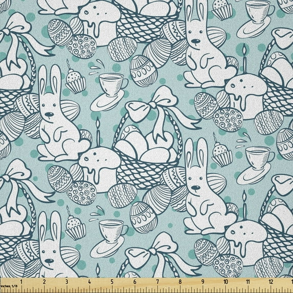 Ambesonne Easter Bunny Fabric by the Yard Microfiber, Easter Holiday Tea, 2 Yards, Dark Seafoam and Teal