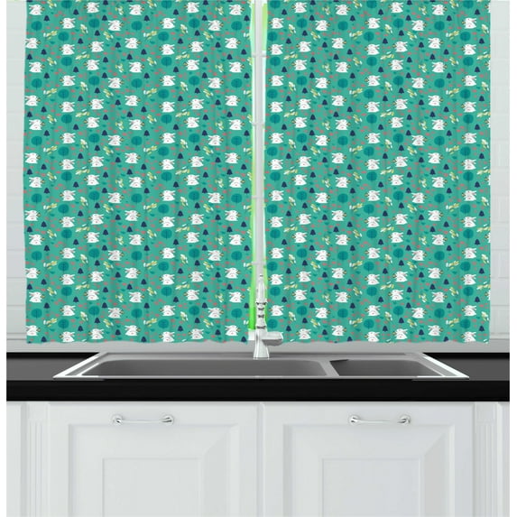 Ambesonne Easter Bunny Kitchen Curtains, Rabbit Pattern, 55"x39", Dark Seafoam Dark Indigo