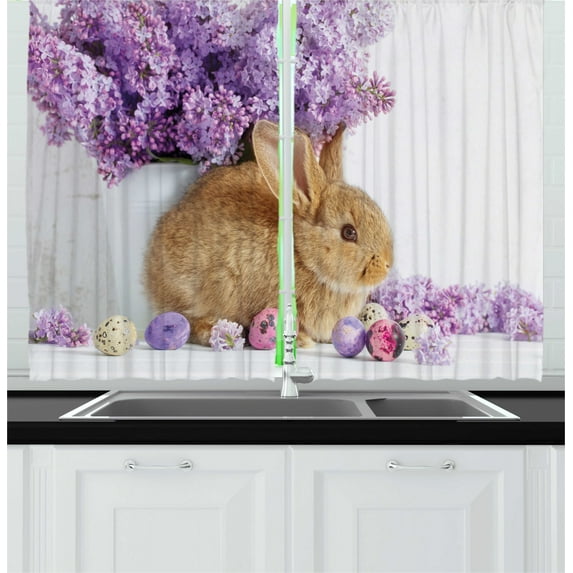 Ambesonne Easter Bunny Kitchen Curtains, Rabbit Photo, 55"x39", Multicolor
