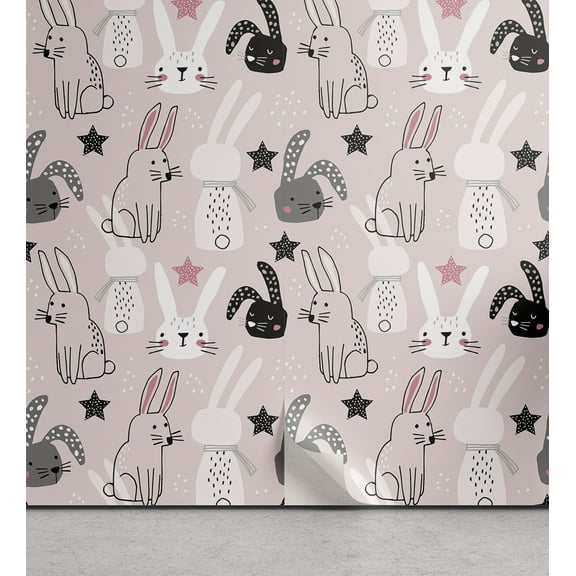 Ambesonne Easter Bunny Peel & Stick Wallpaper for Home, Bunnies Doodle, 13"x36", Rose Charcoal Grey