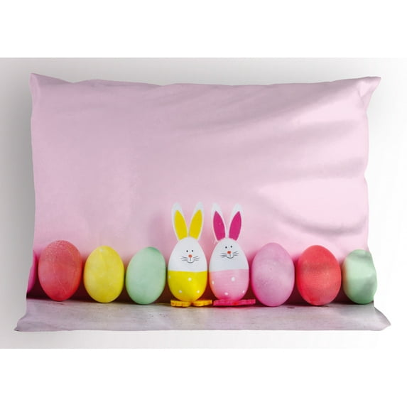Ambesonne Easter Bunny Pillow Sham, Dyed Eggs and Rabbits, 36" X 20", Rose and Multicolor