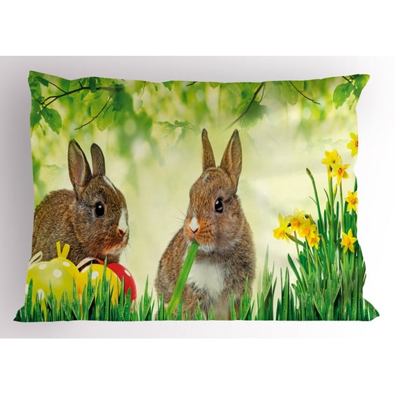 Ambesonne Easter Bunny Pillow Sham, Easter Rabbits, 26" X 20", Multicolor Fern Green