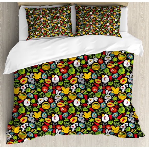 Ambesonne Easter Duvet Cover Set, Colorful Easter Theme Art, 2-Calking, Charcoal Grey Multicolor