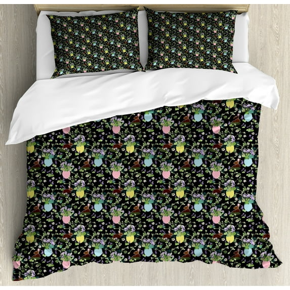 Ambesonne Easter Duvet Cover Sets, Iris Blossoms Rabbits Bunny, 2-Queen, Multicolor