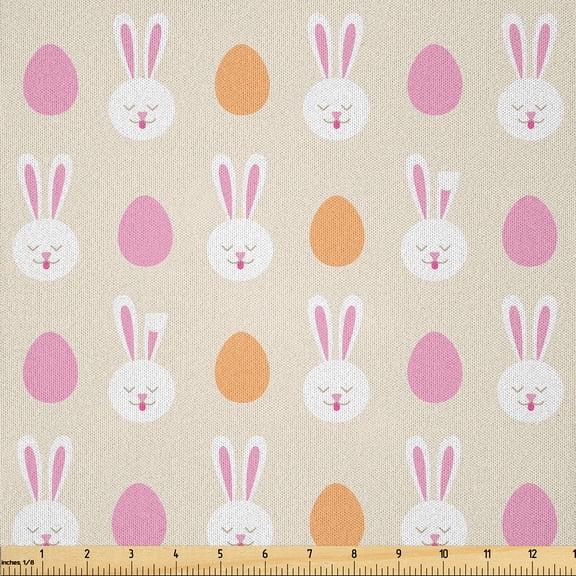 Ambesonne Easter Fabric by the Yard Microfiber, Bunny Faces and Eggs, 5 Yards, Pale Pink Orange