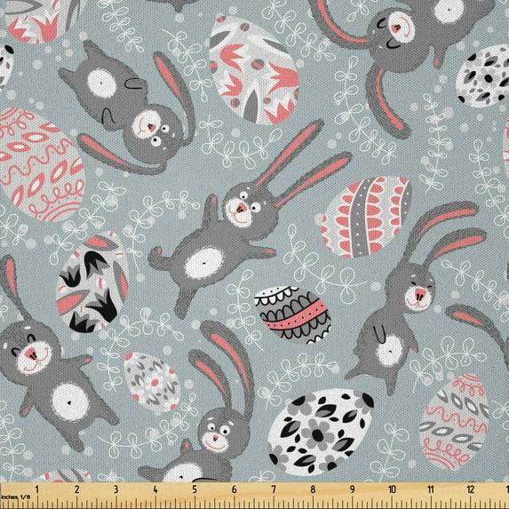Ambesonne Easter Fabric by the Yard Microfiber, Cartoon Funny Bunnies Print, 3 Yards, Bluegrey Black Coral