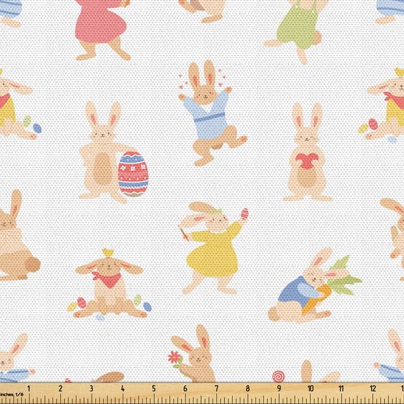 Ambesonne Easter Fabric by the Yard Upholstery, Bunnies Colorful Eggs Heart, 5 Yards, Mustard Coral and White