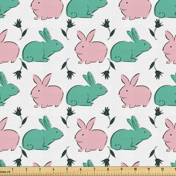 Ambesonne Easter Fabric by the Yard Upholstery, Bunnies and Flowers Plot, 3 Yards, Sea Green Pale Pink White