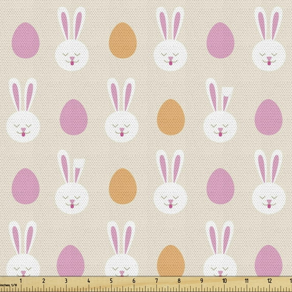 Ambesonne Easter Fabric by the Yard Upholstery, Bunny Faces and Eggs, 1 Yard, Pale Pink Orange
