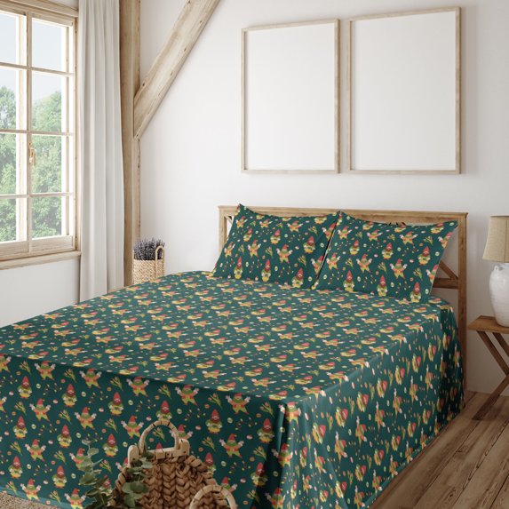 Ambesonne Easter Fitted & Flat Sheet with Sham 3 Pcs Set, Funny Spring Gnome Pattern, Twin XL, Teal Fern Green and Red