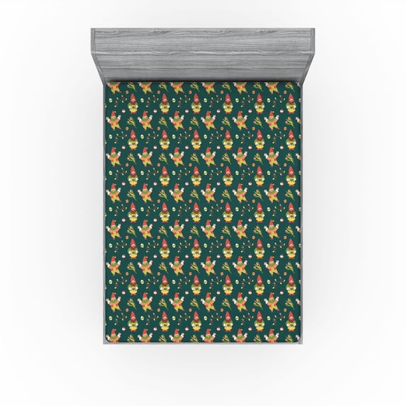Ambesonne Easter Fitted Sheet, Funny Spring Gnome Pattern, Full Size, Teal Fern Green and Red