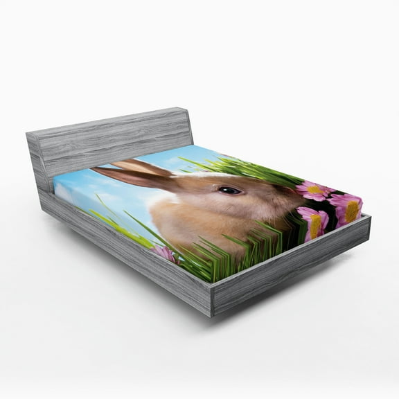 Ambesonne Easter Fitted Sheet, Grass and Spring Flowers, California King, Multicolor