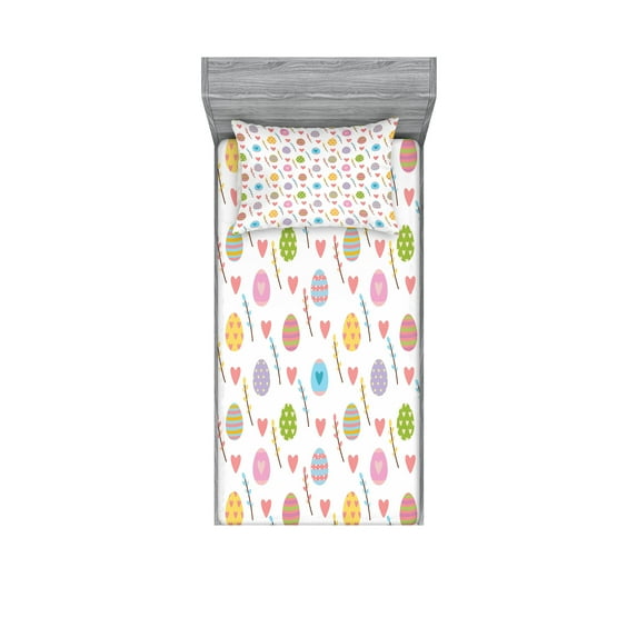 Ambesonne Easter Fitted Sheet & Pillow Sham Set, Colorful Eggs Leaves Hearts, Twin, Multicolor