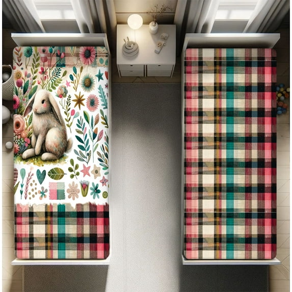 Ambesonne Easter Fitted Sheet Set 2 Pack All-Round Elastic, Spring Rabbit Scandi Floral, Queen Size, Multicolor Pink Teal
