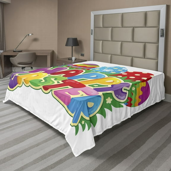 Ambesonne Easter Flat Sheet, Cartoon Ornamental Eggs, California King, Multicolor