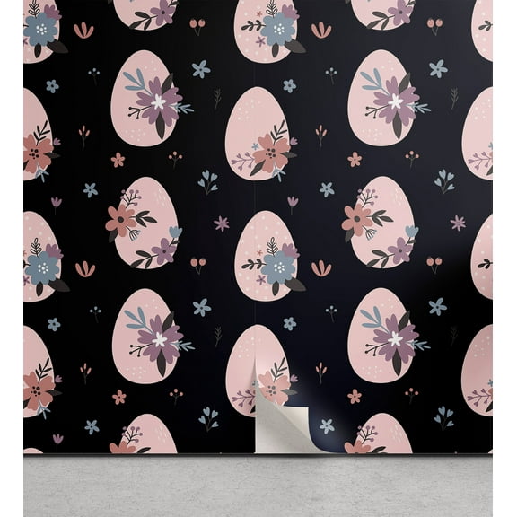 Ambesonne Easter Floral Peel & Stick Wallpaper for Home, Leaves Flowers Eggs, 13"x36", Blush Dark Grey Blue