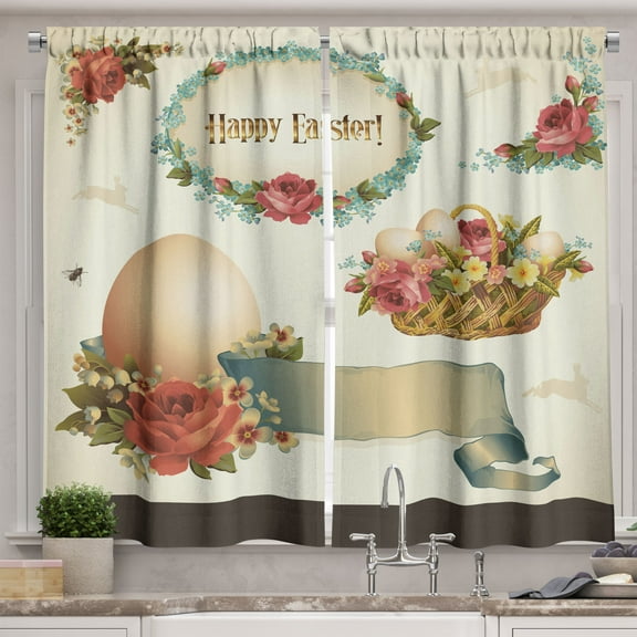 Ambesonne Easter Kitchen Curtains, Romantic Flower Basket, 55"x24", Multicolor