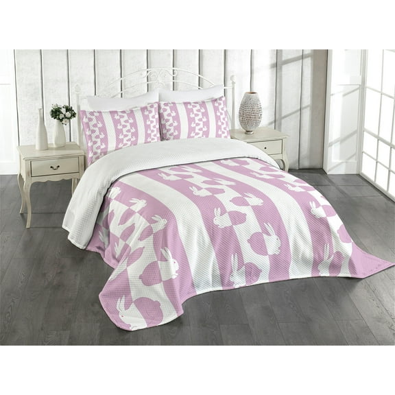 Ambesonne Easter Quilted Bedspread Set 3 Pcs, Bunny Rabbit, King Size, White Pink