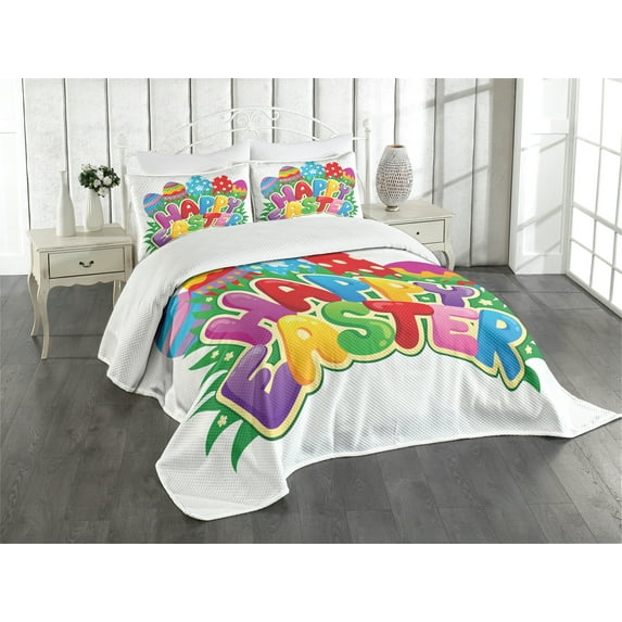 Ambesonne Easter Quilted Bedspread Set 3 Pcs, Cartoon Ornamental Eggs, King Size, Multicolor