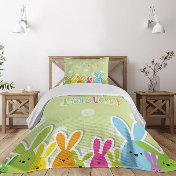 Ambesonne Easter Quilted Coverlet 2 Pcs, Colorful Cartoon Bunnies, Twin Size, Multicolor