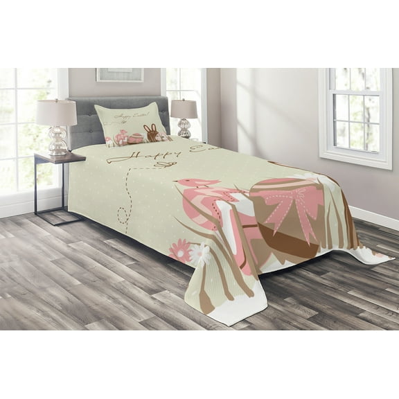 Ambesonne Easter Quilted Coverlet 2 Pcs, Pastel Toned Eggs Birds, Twin Size, Multicolor