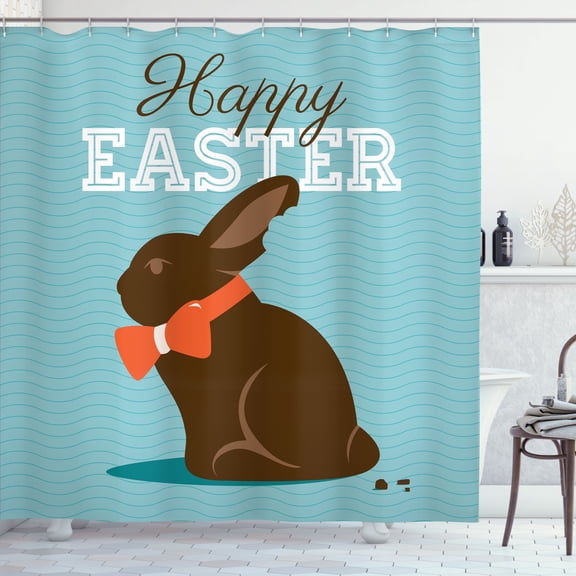 Ambesonne Easter Shower Curtain, Chocolate Bunny with Bow, 69"Wx70"L, Dark Brown Pale Blue