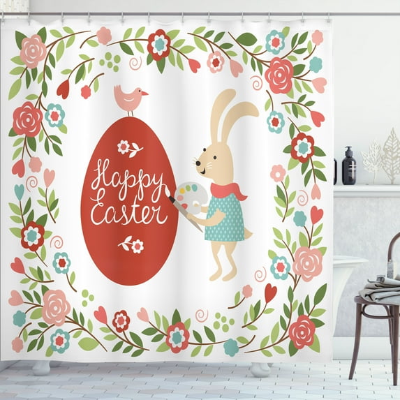 Ambesonne Easter Shower Curtain, Egg Bunny Bloom Floral Frame, 69"Wx70"L, Red and Coral