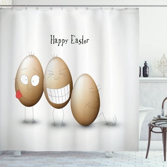Ambesonne Easter Shower Curtain, Funny Doodle Style Eggs, 69"Wx70"L, Tan Dark Coral Black