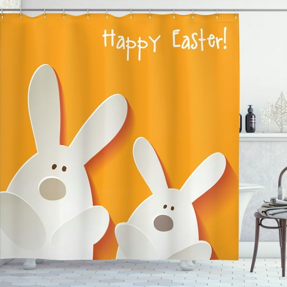 Ambesonne Easter Shower Curtain, Happy Easter Bunnies, 69"Wx70"L, Orange Coconut Brown