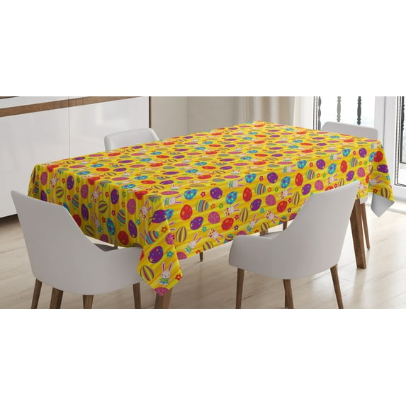 Ambesonne Easter Tablecloth Rectangular Table Cover, Bunnies Daisies Funky, 52"x70", Multicolor
