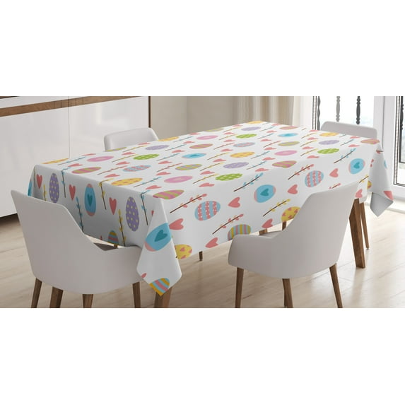 Ambesonne Easter Tablecloth Rectangular Table Cover, Colorful Eggs Leaves Hearts, 52"x70", Multicolor