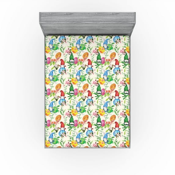 Ambesonne Easter Themed Fitted Sheet, Spring Gnome Egg Art, California King, Cream and Multicolor