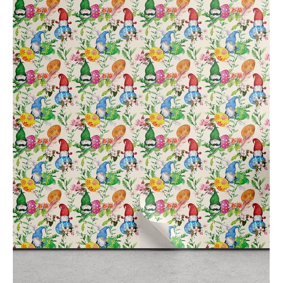 Ambesonne, Easter Themed Peel & Stick Wallpaper for Home, Spring Gnome Egg Art, 13"x36", Cream and Multicolor