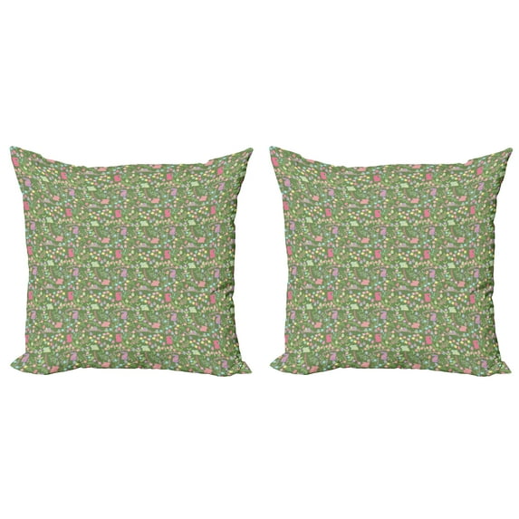 Ambesonne Easter Throw Pillow Cover 2 Pack, Pastel Flowers Eggs Rabbits, 20", Reseda Green Multicolor
