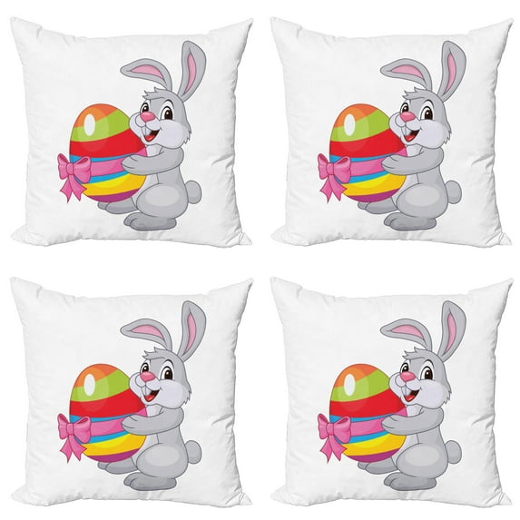 Ambesonne Easter Throw Pillow Cover 4 Pack, Cartoon Rabbit Striped Egg, 16", Multicolor