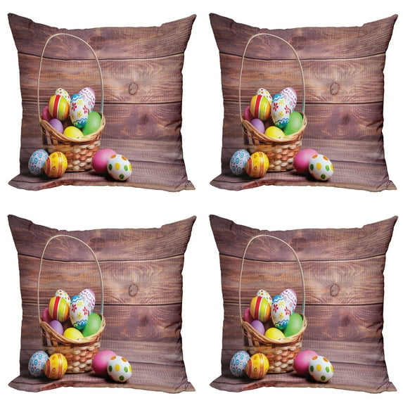 Ambesonne Easter Throw Pillow Cover 4 Pack, Colorful Basket Egg Ornates, 18", Multicolor
