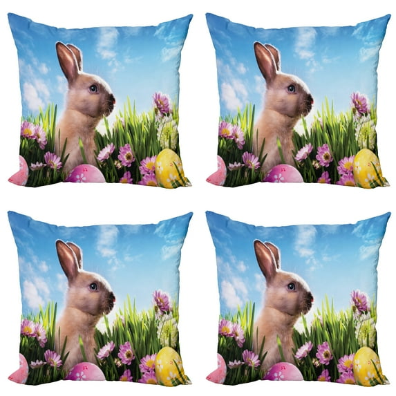 Ambesonne Easter Throw Pillow Cover 4 Pack, Eggs and Fluffy Bunny, 16", Multicolor